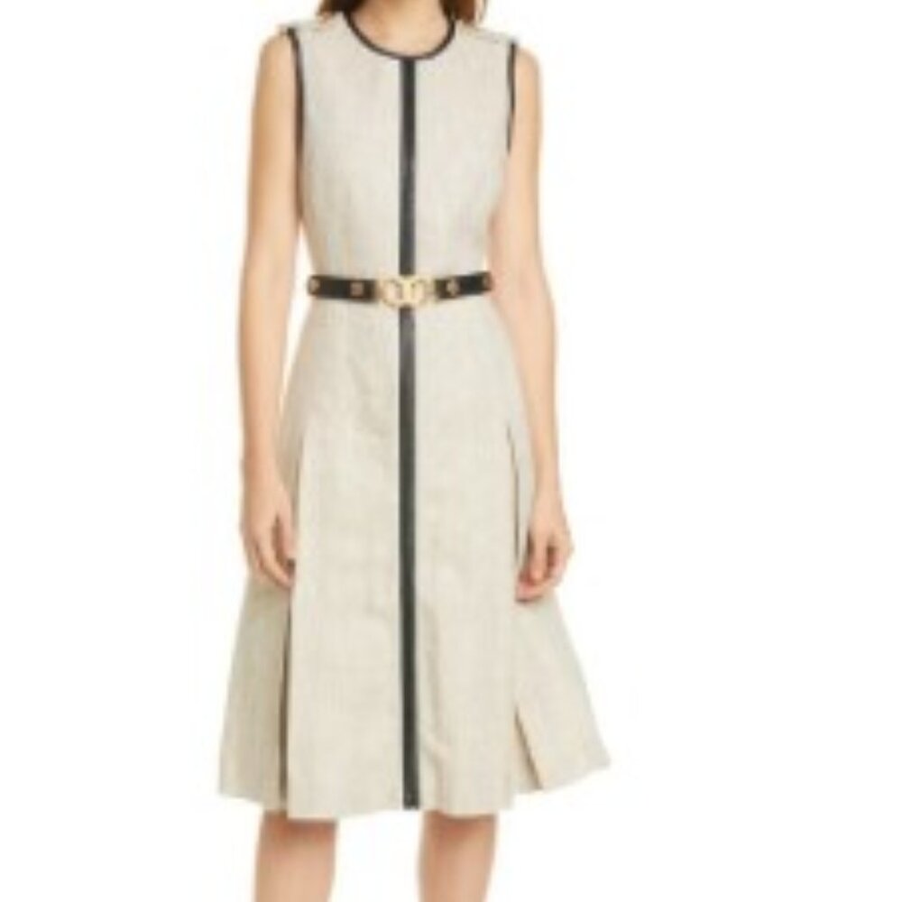 TORY BURCH Leather Trim Linen Midi Dress In New Ivory/ Safari Heavy Linen
